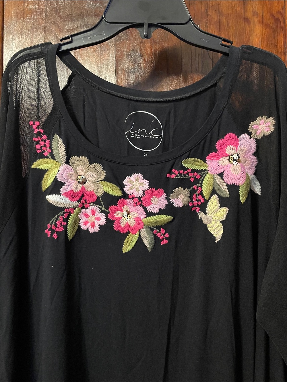 INC International Concepts Black Embroidered Floral Long-Sleeve Top - Picture 3 of 7